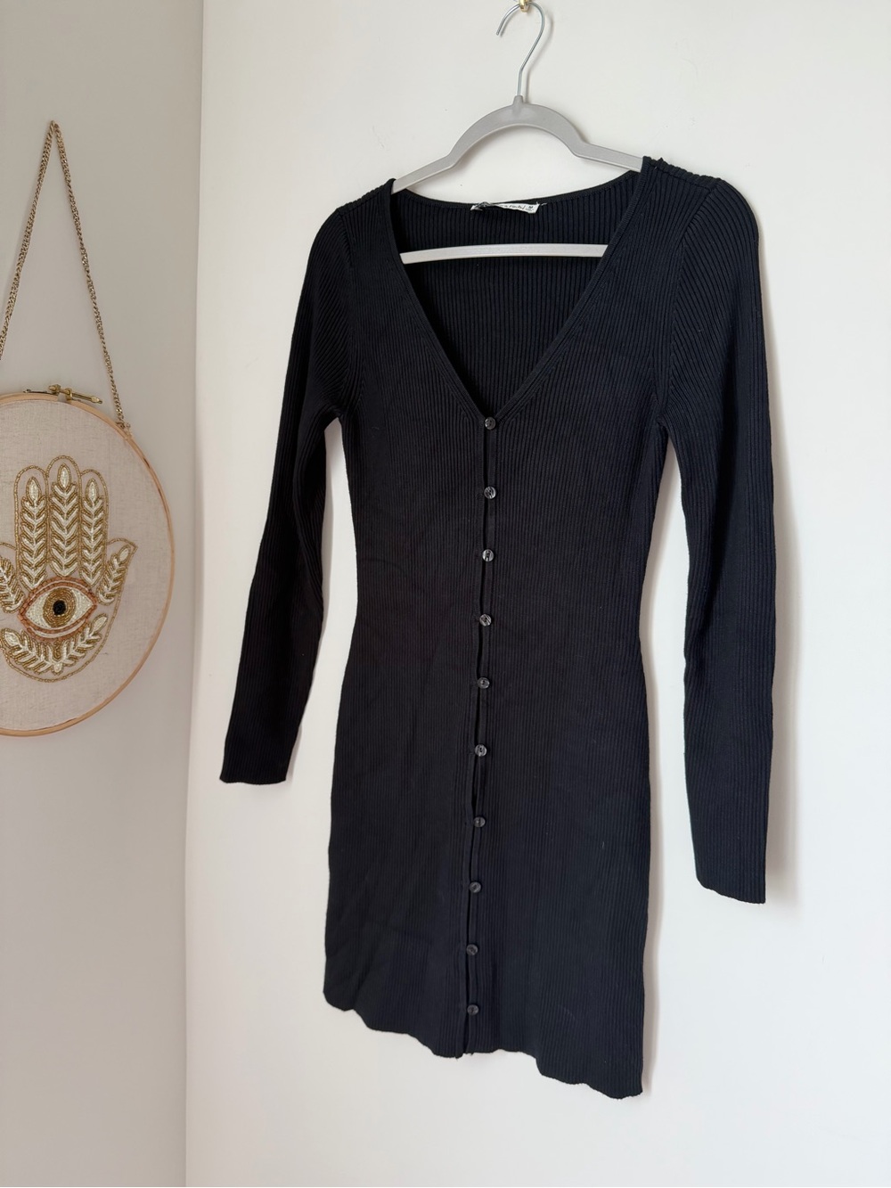 Black Ribbed Long Sleeve Dress